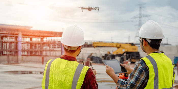 two construction workers using drone on site